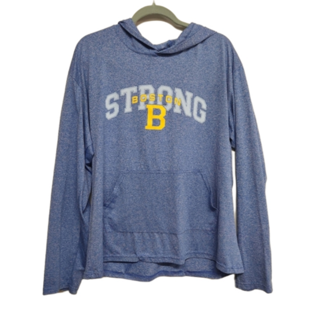 Boston Strong long sleeve hooded tee kangaroo pouch lightweight yellow and blue